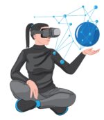 Woman in virtual reality headset creating a network in her palm. Vector